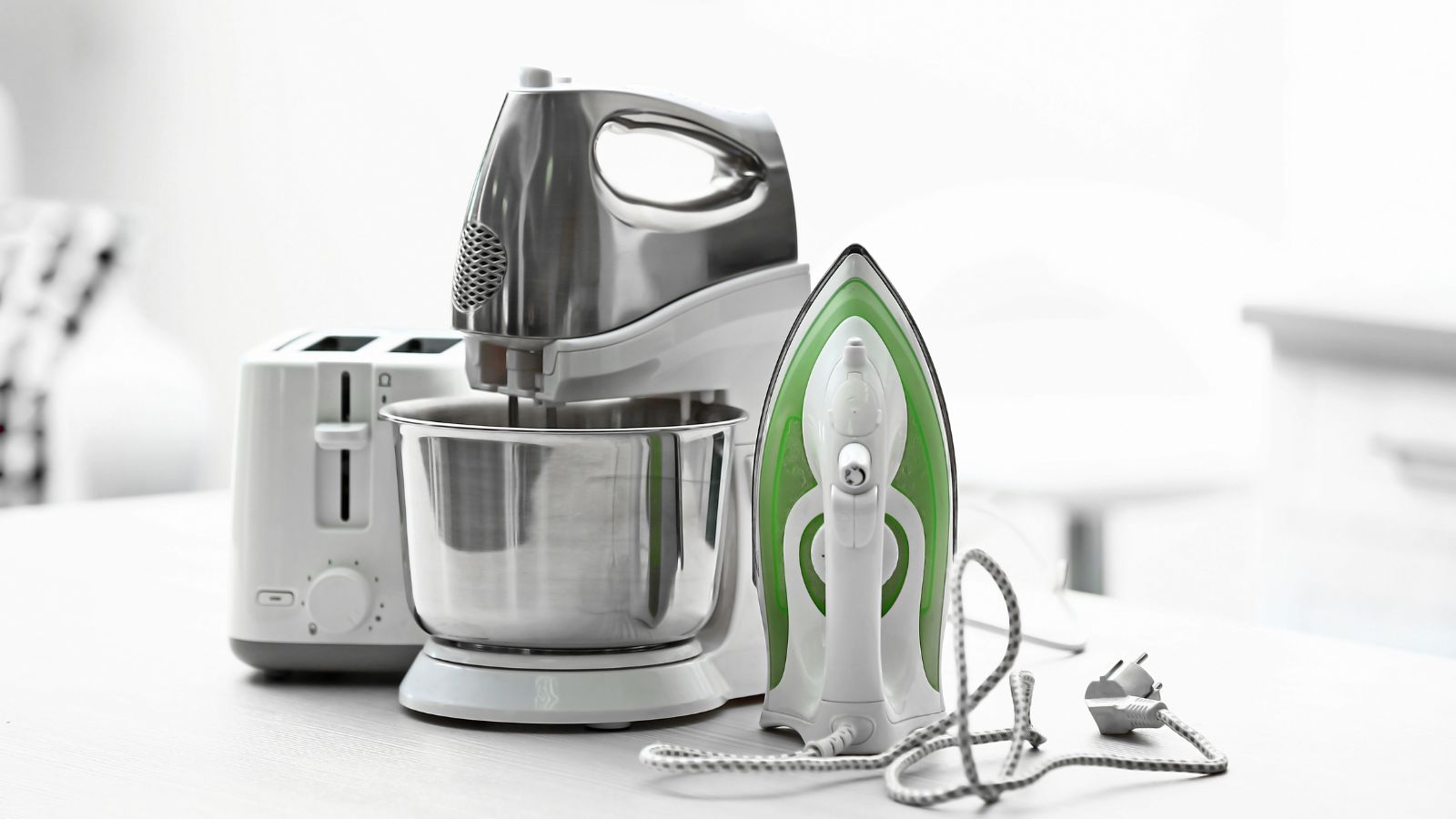 Iron, Coffee Maker and Bread Toaster.