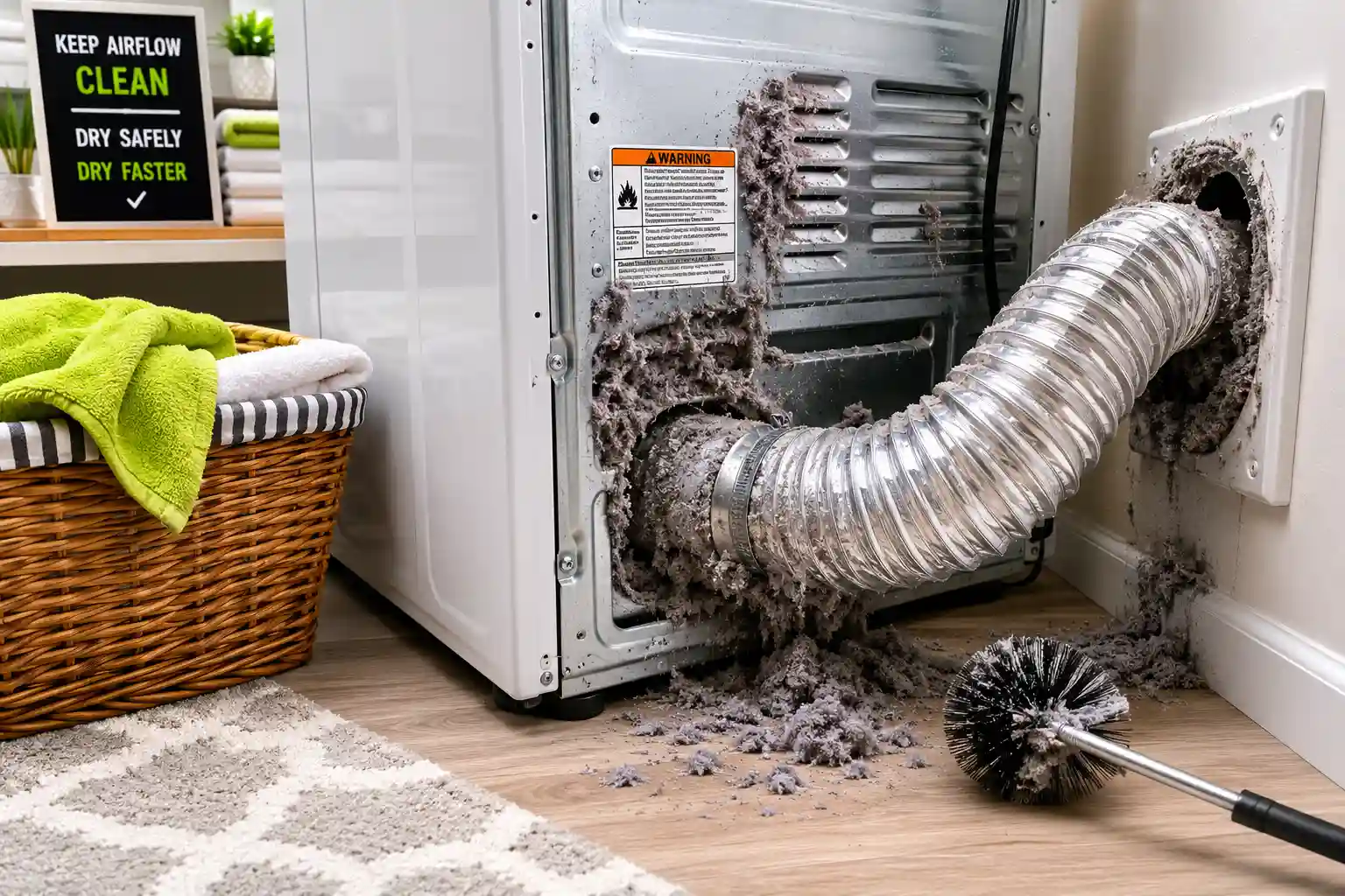 Lint buildup behind a dryer vent that can cause a burning smell and poor airflow