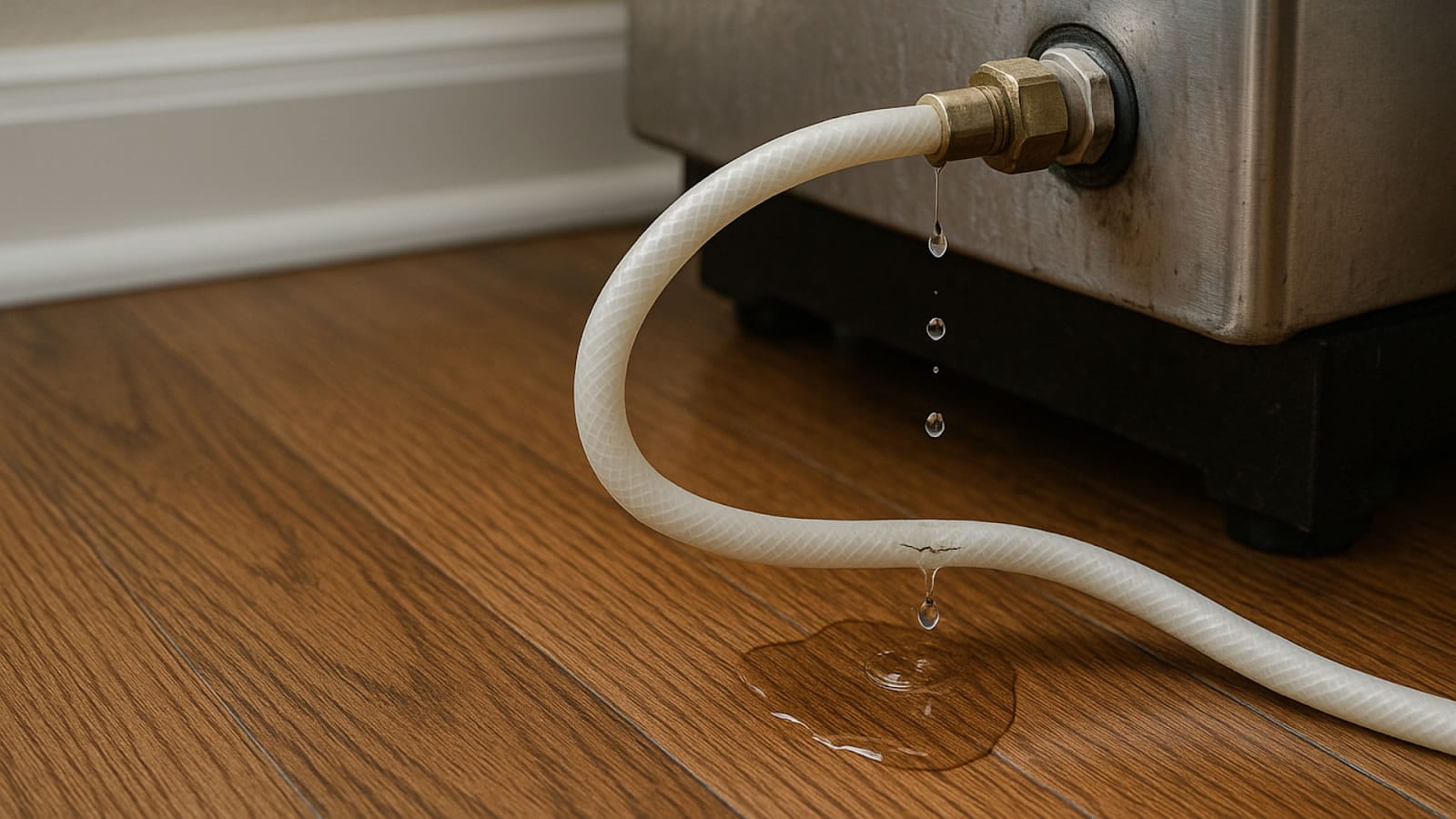 Close-up of a leaking refrigerator water supply line dripping onto a hardwood floor.