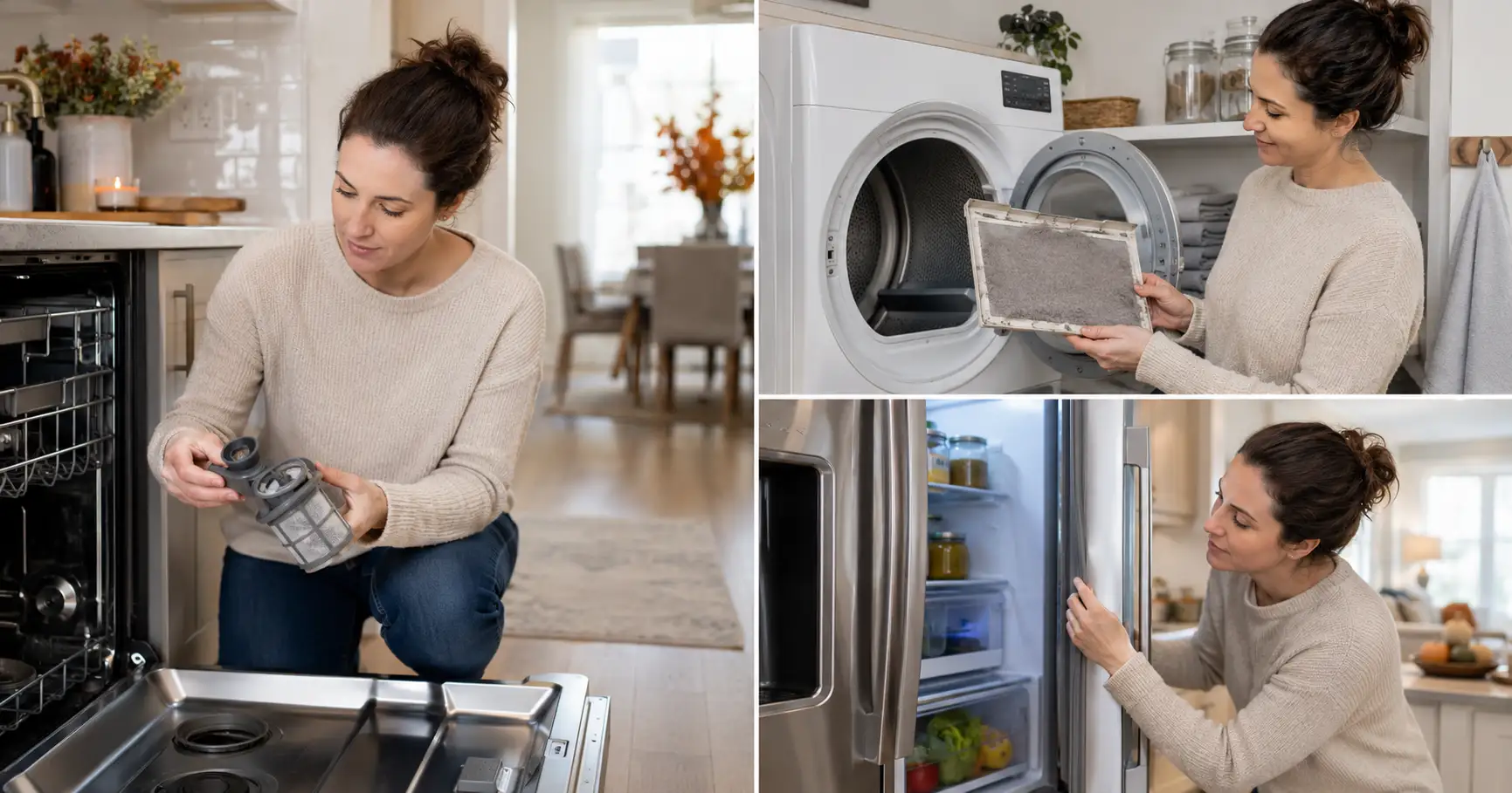 Homeowner checking dishwasher filter dryer lint screen and refrigerator door seal before calling appliance repair