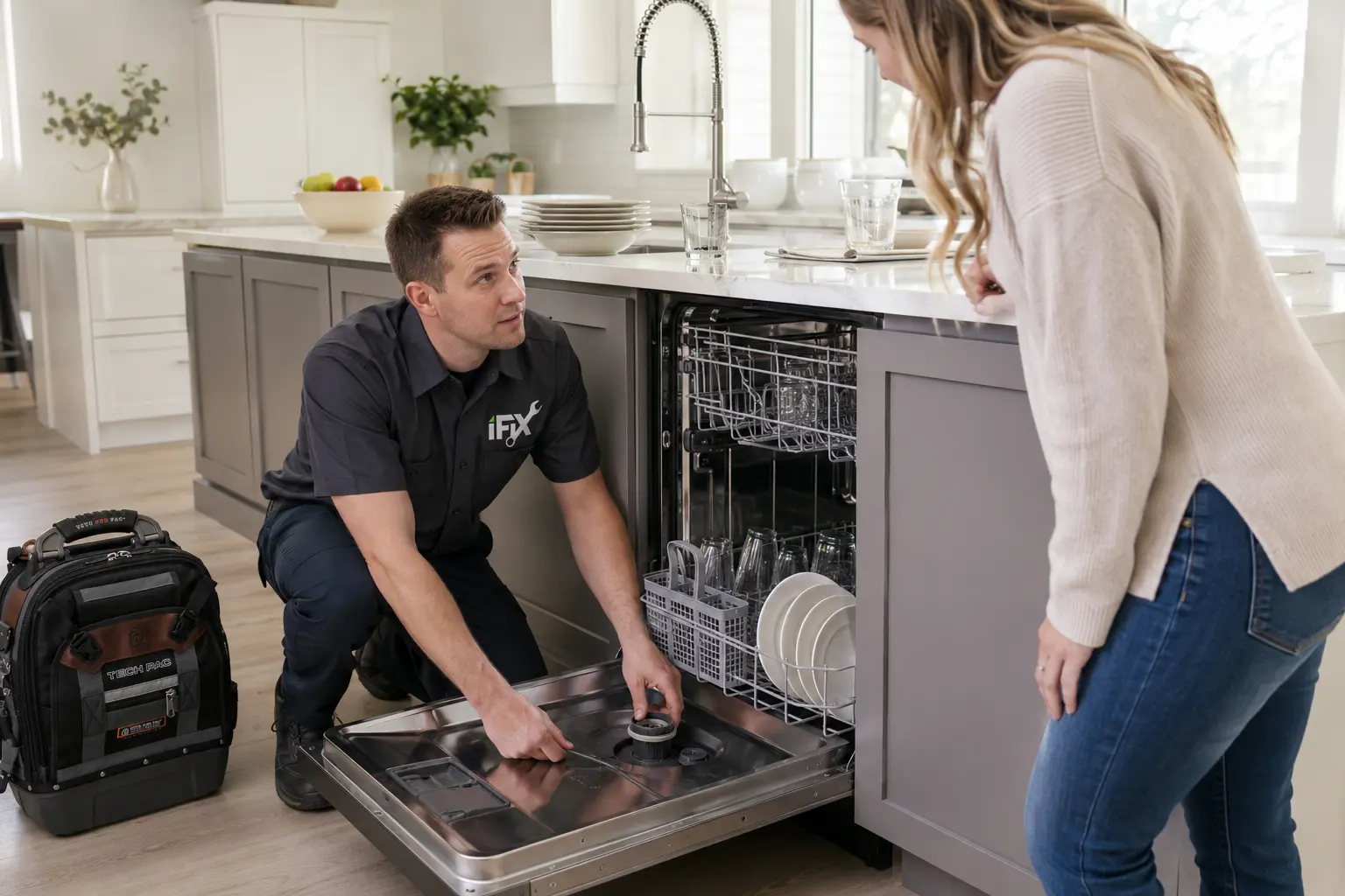 iFiX Appliance Repair technician checking a dishwasher that smells bad and may not be draining properly