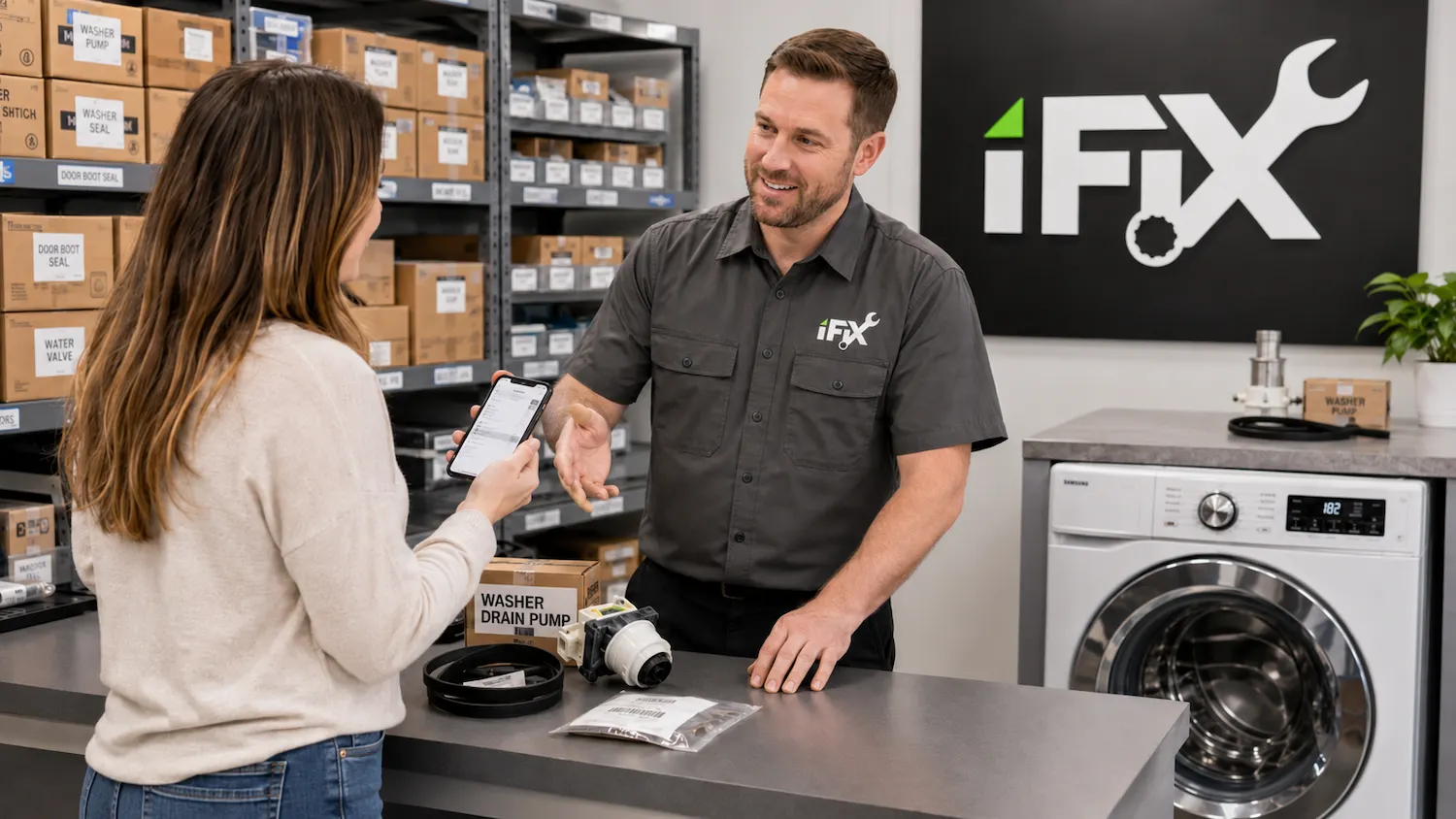 Customer ordering washing machine parts at iFiX appliance parts store in Riverdale