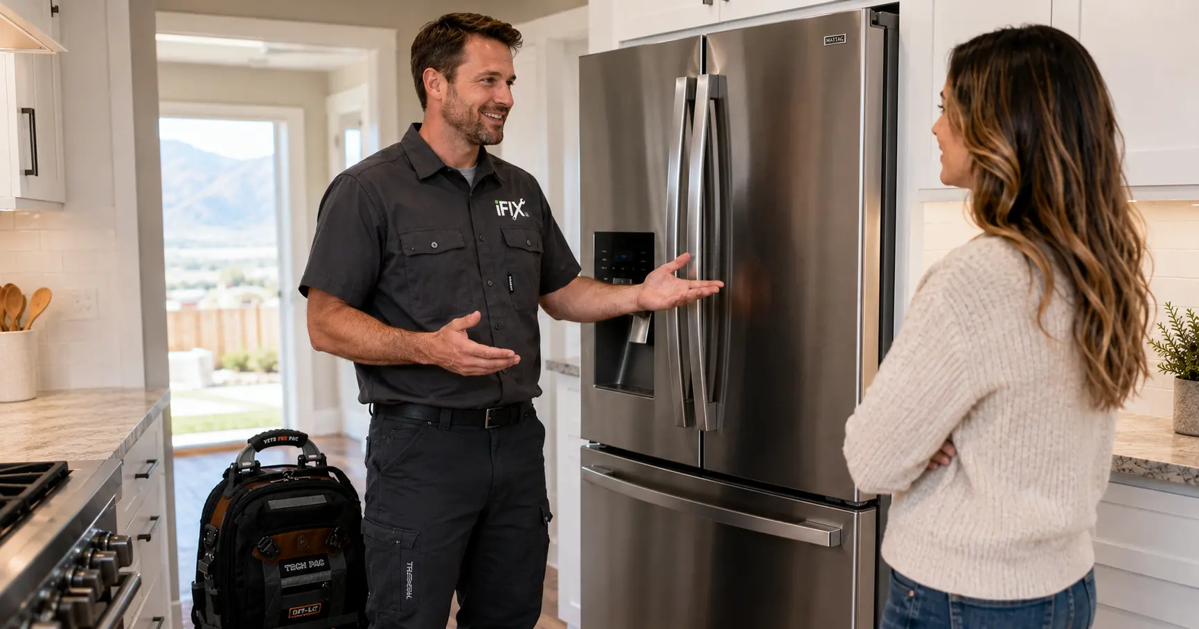 iFiX Appliance Repair technician explaining ice maker repair options to a homeowner in Northern Utah