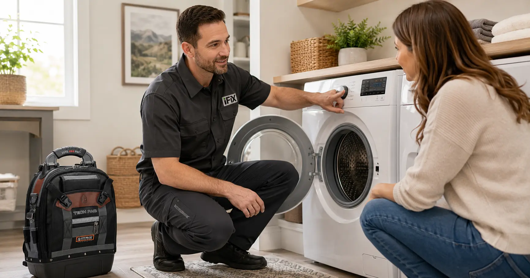 iFiX Appliance Repair technician explaining washer and dryer repair options to a homeowner in Northern Utah