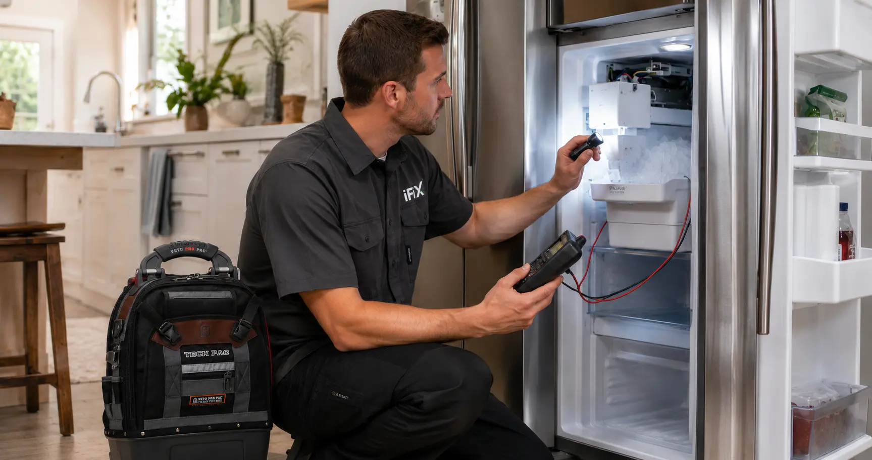 iFiX Appliance Repair technician checking a refrigerator ice maker that is slow in the summer