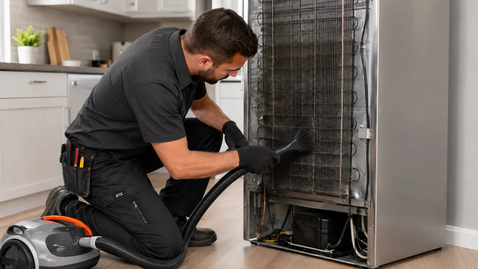Appliance repair technician cleaning refrigerator condenser coils